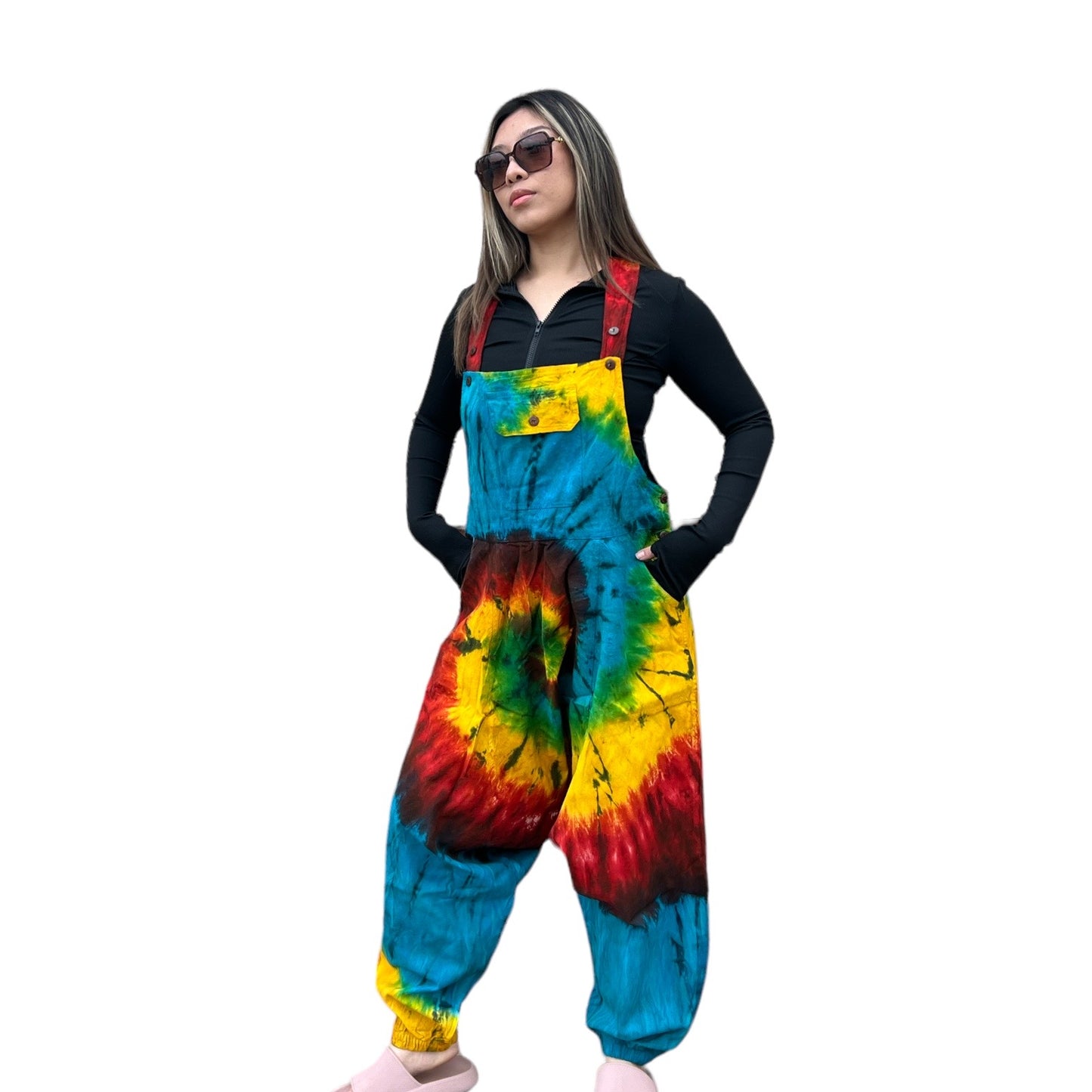 Tie Dye Cotton Drop Crotch Harem Overalls