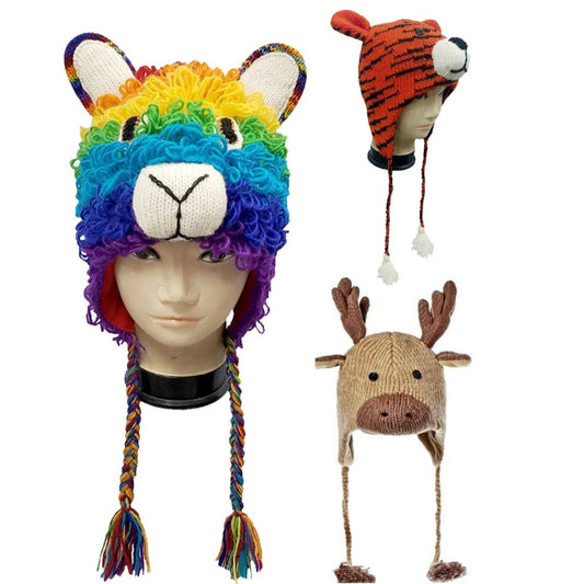 Handmade Wool Animal Hat | Rainbow Llama | Tiger | Reindeer Winter Hat