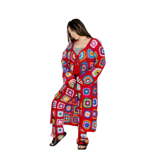 Crotchet Granny Square Cardigan and Trouser Set - Red